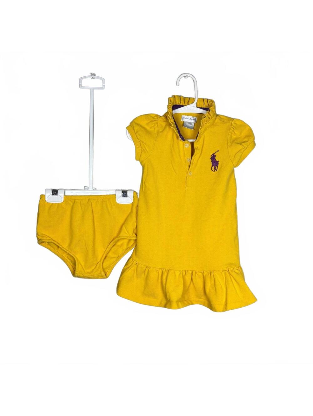 Ralph Lauren Baby Girl 18M Yellow Purple Pony Polo Dress Bloomers Set